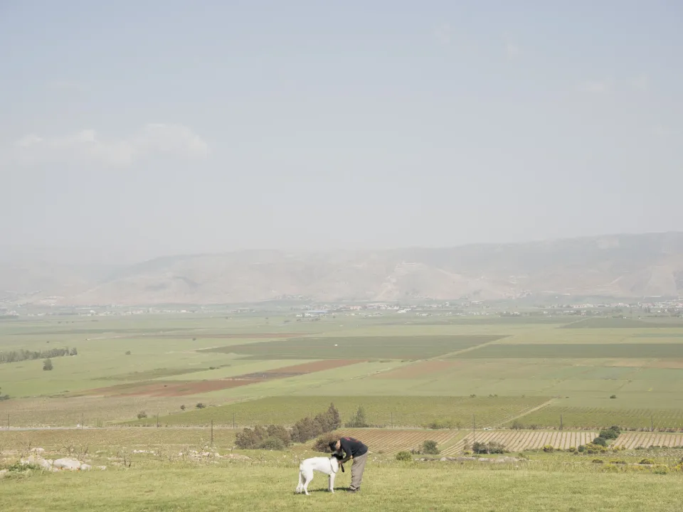 Person bending to hug a white dog on a hillside above a wide green valley